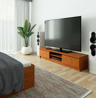 Image de Meuble TV bas 160 cm, table TV à 2 portes et 2 compartiments ouverts, meuble TV de 33 cm de hauteur, modèle CLP