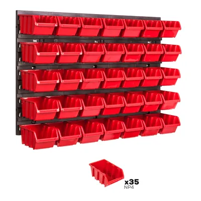 A wall-mounted storage system with multiple red bins, shown with a single bin and quantity information.