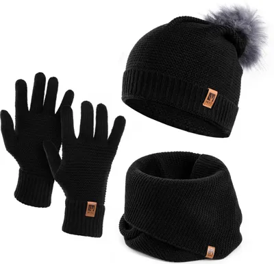 Produktbild von Damen Wintermütze Schlauchschal Handschuhe Set Winter Gestrickte Warme Mütze Schal Winterhandschuhe Schwarz