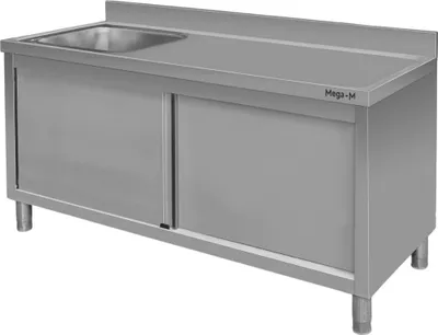 Zdjęcie produktu dla Gastronomiczny stół ze stali nierdzewnej przyścienny spawany ze zlewem po lewej stronie i z szafką Mega-M 160x60x85 cm