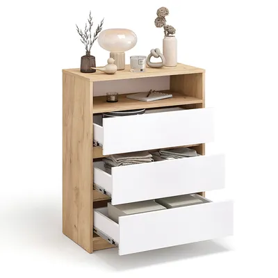Produktbild von KOMTO Kommode mit 3 Schubladen Komodenschrank für Schlafzimmer Schubladenkommode mit 1 offenen Fächern für Wohnzimmer Sideboard Leon 70x37x90 Gold