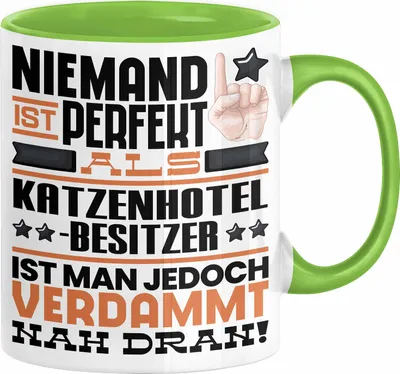 Produktbild von Katzenhotelbesitzer Geschenk Tasse Lustige Geschenkidee für Katzenhotelbesitzer Geburtstag Kaffee-Becher Niemand Ist Perfekt Aber Als Katzenhotelbesitzer Ist Man Nah Dran (Grün)