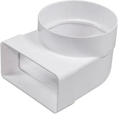 A white PVC duct adapter with a rectangular inlet and a circular outlet.