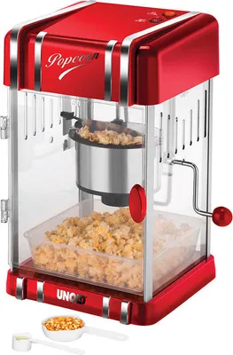 Unold Popcornmaker Retro ist eine rot-silberne Popcornmaschine mit transparenter Tür, einer Popcornk