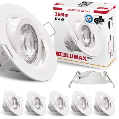 A collage of LED downlights and their packaging, showcasing product details and certifications.