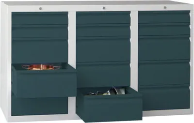 Produktbild von Schubladenschrank - 900x1.500 mm - 3 Schubladenreihen - 8x100 mm - Tragkraft 30 kg - himmelblau/lichtgrau