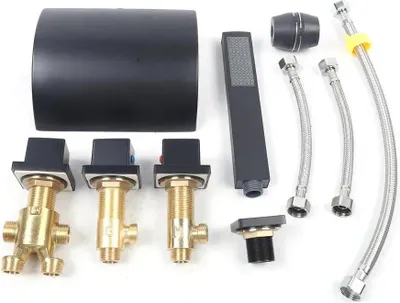 Produktbild von Badewannenarmatur Set - 5‑Loch mit Handbrause - Wasserfall-Auslauf - Dreifachgriff - Massives Messing - Keramik-Kartusche - Warm/Kalt - Schwarz