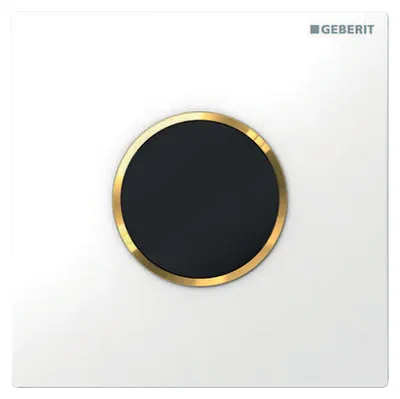 Produktbild von GEBERIT Urinalsteuerung HyTronic Sigma 10 berührungslos Infrarot Batteriebetrieb Platte weiß glänzend / Dekorring gold 116.035.KK.1