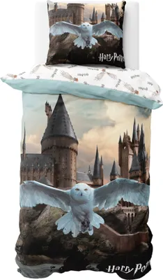 A Harry Potter themed duvet cover and pillowcase set displayed on a white background.