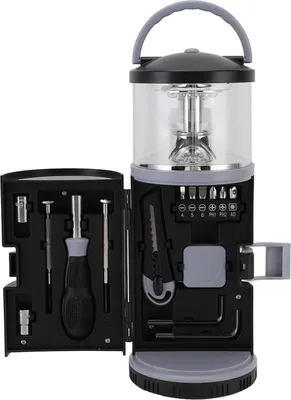 Imagen del producto de Linterna de camping con kit de herramientas, pantalla transparente portátil, mango ergonómico, luz LED de camping alimentada por batería, ideal para actividades al aire libre, senderismo, pesca y emergencias