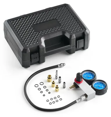 Produktbild von Kfz Druckverlusttester - Set - Messbereich 0–100 psi (0–7 bar) - Doppelmanometer - 4 Adapter - Zylinder-Lecktester - Für Auto & Motorrad - Mit Luftanschlüssen