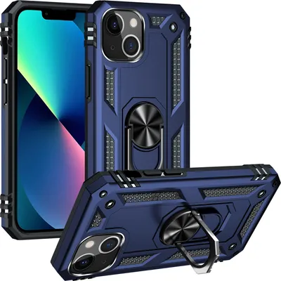 Produktbild von Schutzhülle für iPhone 13 Mini, Dual Layer Militäre Fallschutz Hülle mit Ringhalterung Ständer für iPhone 13 Mini Blau