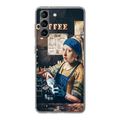 Produktbild von MuchoWow® Handyhülle Schutzhülle Hülle für Samsung Galaxy S21 Mädchen mit Perlenohrring - Cappuccino - Barista - Vermeer - Kaffee - Gemälde Silikon Softcase Handy Hülle - Softcase