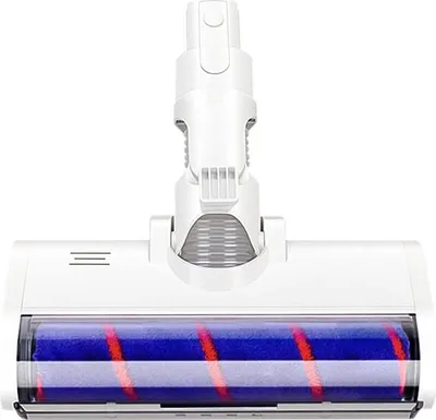A close-up studio shot of a white vacuum cleaner brush head with a visible roller brush.