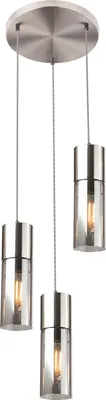 A three-light pendant lamp with cylindrical glass shades and metal accents.