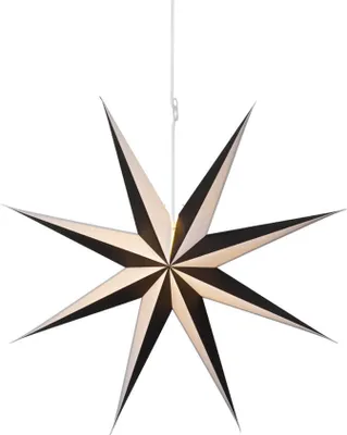 A star-shaped lantern hanging from a white cord.