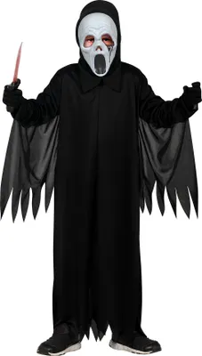 Immagine prodotto di Costume da fantasma in agguato per le tenebrose avventure di Halloween Maschera da notte con cappuccio e tunica per personaggi spettrali, Taglia: 110/116 Colore: Nero