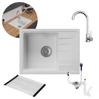 Produktbild von GranMaster Granitspüle Weiß Set mit Stahlbatterie mit U-förmigem Auslauf, ausrollbare Abtropfmatte und Platzsparender Siphon mit Überlauf, für Küche