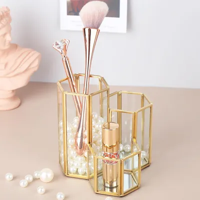 Immagine prodotto di Organizzatore di pennelli per il trucco Porta pennelli cosmetici oro, organizer per il trucco in vetro