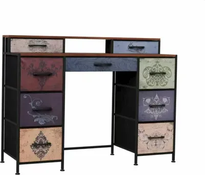 Immagine prodotto di Comodino vintage con motivo floreale, 121 cm - 9 cassetti e 2 ripiani aperti, comò in legno e metallo, nero