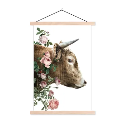 Produktbild von MuchoWow® Textilposter Schottischer Highlander - Blumen - Rosa 60x90 cm mit holzfarbenen Rahmen - Textil