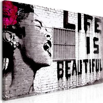 Produktbild von Wandbild Mega XXXL Banksy 250x125 cm Einteiliger XXL-Format Kunstdruck zur Selbstmontage Leinwandbilder moderne Bilder DIY Wanddekoration Wohnung Deko Life is Beautiful i-C-0114-ak-e