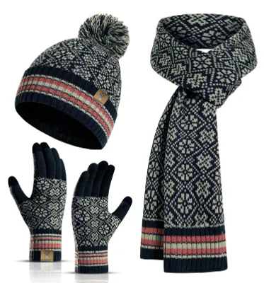 Productafbeelding van Omgoods - Dames Beanie, Sjaal en Handschoenen Set met Sneeuwvlokpatroon