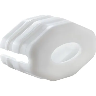 A white plastic part with grooves on one end and a hole on the other, isolated on a white background.