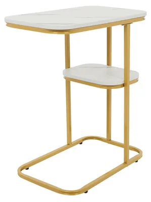 Immagine prodotto di Tavolino a forma di C - tavolino da divano - 2 ripiani - vano portaoggetti - struttura in metallo - 50x30x58 cm - bianco