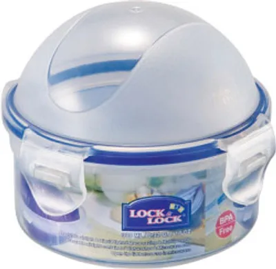 A round Lock & Lock food storage container with a domed lid.