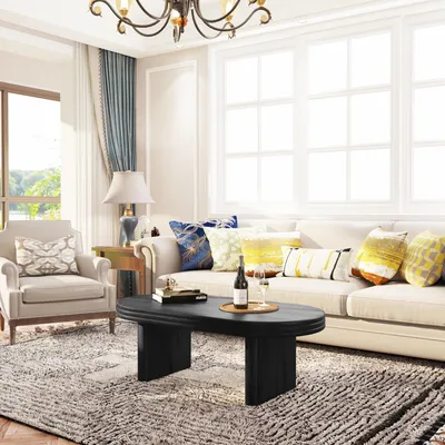 Produktbild von okwish Ovaler Couchtisch Wohnzimmertisch mit Massivholzfurnier,Beistelltisch Cocktailtisch mit Holzmaserung,Schwarz