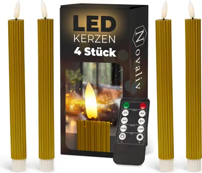 Produktbild von Stabkerzen LED mit Timer GOLD 4 Stück indoor 6 Stunden - ECHTWACHS gerippt 23cm Höhe für Kerzen 2,2cm Durchmesser 2 AAA Batterien notwendig LED Stabkerzen flackernde Flamme bewegliche Flamme Licht