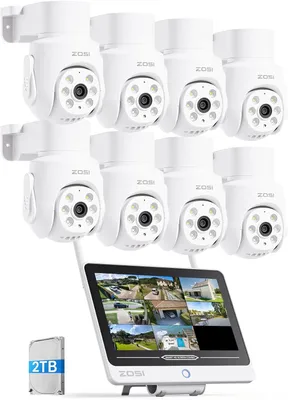 A set of security cameras and a monitor are displayed against a white background.
