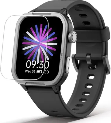 A smartwatch with a screen protector is shown against a white background.