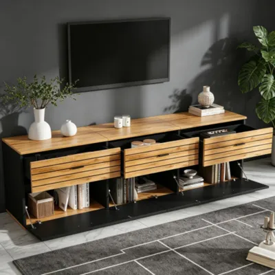 Produktbild von TV-Schrank, Fernsehtisch mit 2 Türen, 3 Schubladen,168 cm lang, TV-Regal für Fernseher bis zu 65 Zoll, für Wohnzimmer, Esszimmer,168x38x59cm