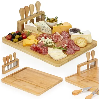 Produktbild von Bambus Servierbrett 35x28 cm – Käsebrett mit Messern und Gabel für Snacks und Wurst