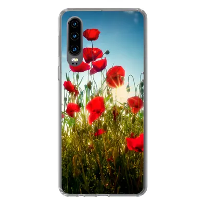 Produktbild von MuchoWow® Handyhülle Schutzhülle Hülle für Huawei P30 Mohnblumen - Toskana - Sonne - Rot - Blau Silikon Softcase Handy Hülle - Kartenbesitzer