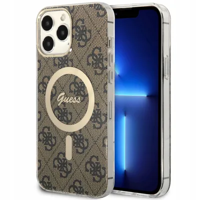 A close-up shot of a phone case with a brown and gray Guess logo pattern, placed next to a smartphone.