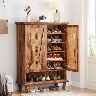 Produktbild von Schuhschrank Rattan 2 Türen 75x37x110cm 7-stöckig für 25 Paar Schuhe Eingang Flur Wohnzimmer