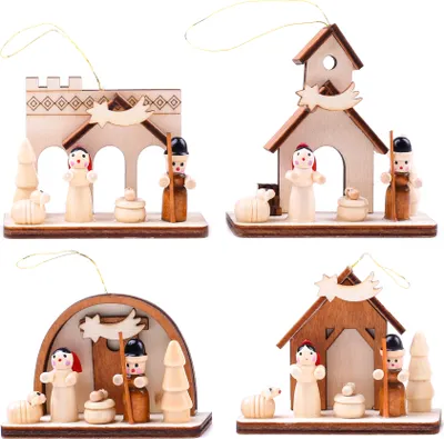 Four wooden nativity scene ornaments arranged on a white background.