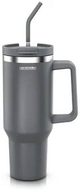 Produktbild von Arendo Thermal Mug Isolierbecher 1200 ml aus Edelstahl mit Henkel und Trinkhalm, doppelwandig, hält 6 Stunden warm und 12 Stunden kalt, mit Deckel, Thermobecher, 1 Stück, grau