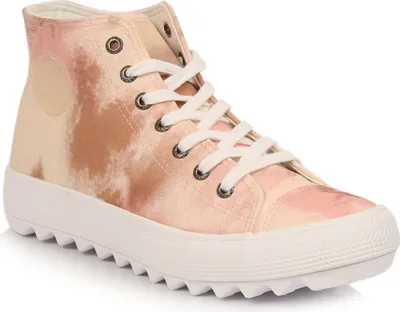 A single high-top sneaker with a tie-dye pattern.