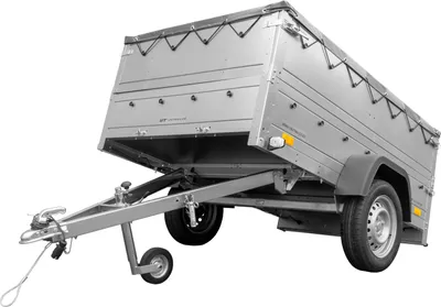 Produktbild von Pkw Anhänger kippbar 750 kg GARDEN TRAILER 201 KIPP mit zusätzlichen Bordwänden, Stützrad und grauer Flachplane