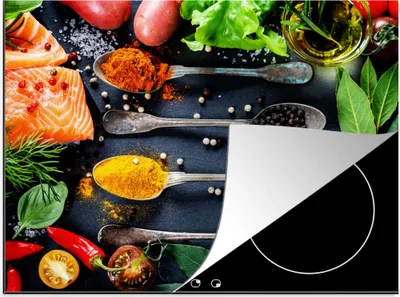 Produktbild von KitchenYeah© Herdabdeckplatte Kräuter - Löffel - Küche - Gewürze , 77x59cm, Küche Deko, Glaskeramikkochfeld Herdabdeckung, Abdeckplatte fùr Kochfeld