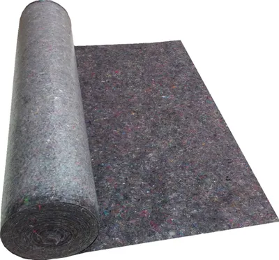 A roll of grey felt material is shown on a white background. The material is partially unrolled, revealing its textured surface with flecks of various colors.