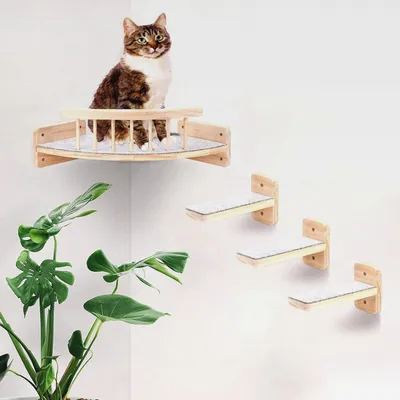 Produktbild von Kletterwand für Katzen Mit 3-Stufen, Katzentreppe, Regale und Perchen, Wandmöbel Kletterregal für Innen Mit Plüsch (Type-A)