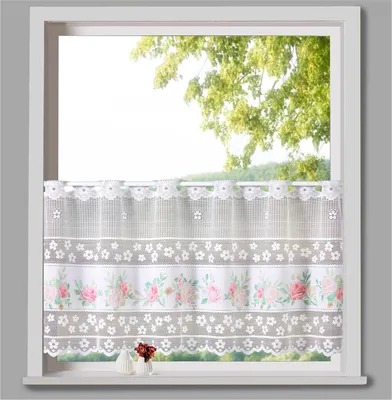 Produktbild von heimtexland ® Shabby Chic Scheibengardine Jacquard weiß mit Rosen Borte HxB 45x145 Deko Gardine Landhaus Typ763