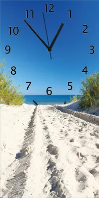 Produktbild von Wallario Design Wanduhr Auf dem Sandweg zum Strand - Blauer Himmel über dem Meer aus Echtglas, Größe 30 x 60 cm