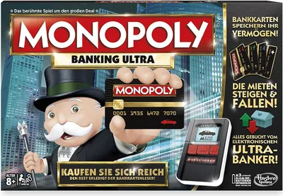 A Monopoly Banking Ultra board game box cover featuring Mr. Monopoly holding a credit card and a banking unit.