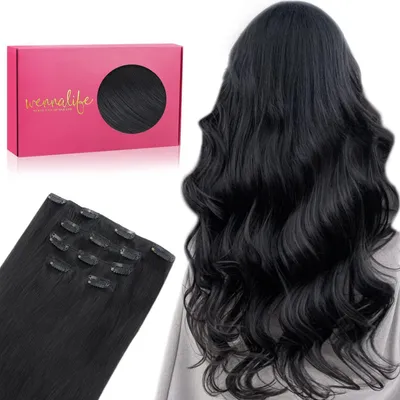 Obrázek produktu pro Clip-in prodlužovací vlasy, přírodní vlasy, 85 g, 5 kusů, 55 cm, tmavě černá barva, prodlužování vlasů Remy